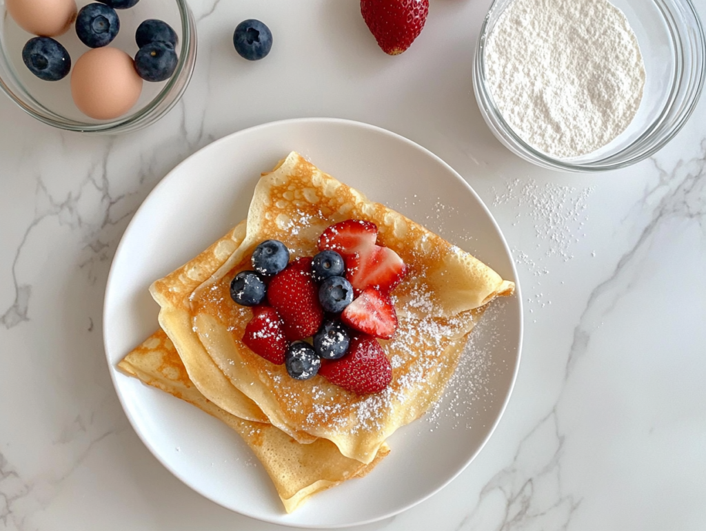 This image shows a stack of golden crepes topped with fresh berries and a dusting of confectioners’ sugar, placed on a white plate over a clean white marble countertop.