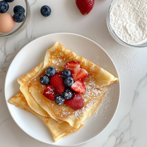 This image shows a stack of golden crepes topped with fresh berries and a dusting of confectioners’ sugar, placed on a white plate over a clean white marble countertop.