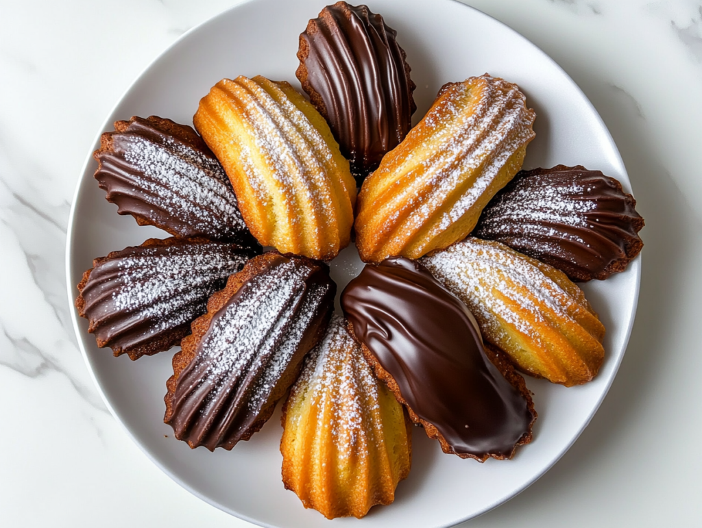 This image shows freshly baked golden madeleine cakes in a pan resting on a white marble countertop, with no clutter in the background.