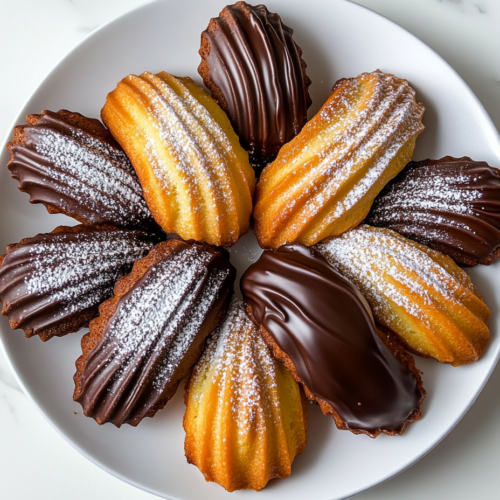 This image shows freshly baked golden madeleine cakes in a pan resting on a white marble countertop, with no clutter in the background.