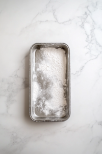 This image shows a shiny silver loaf pan greased and floured, sitting alone on a clean white marble countertop.