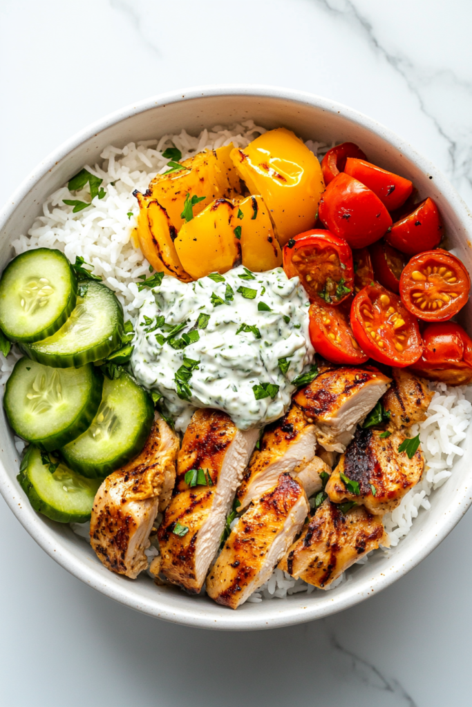 greek-chicken-rice-bowl-assembled-on-white-marble
