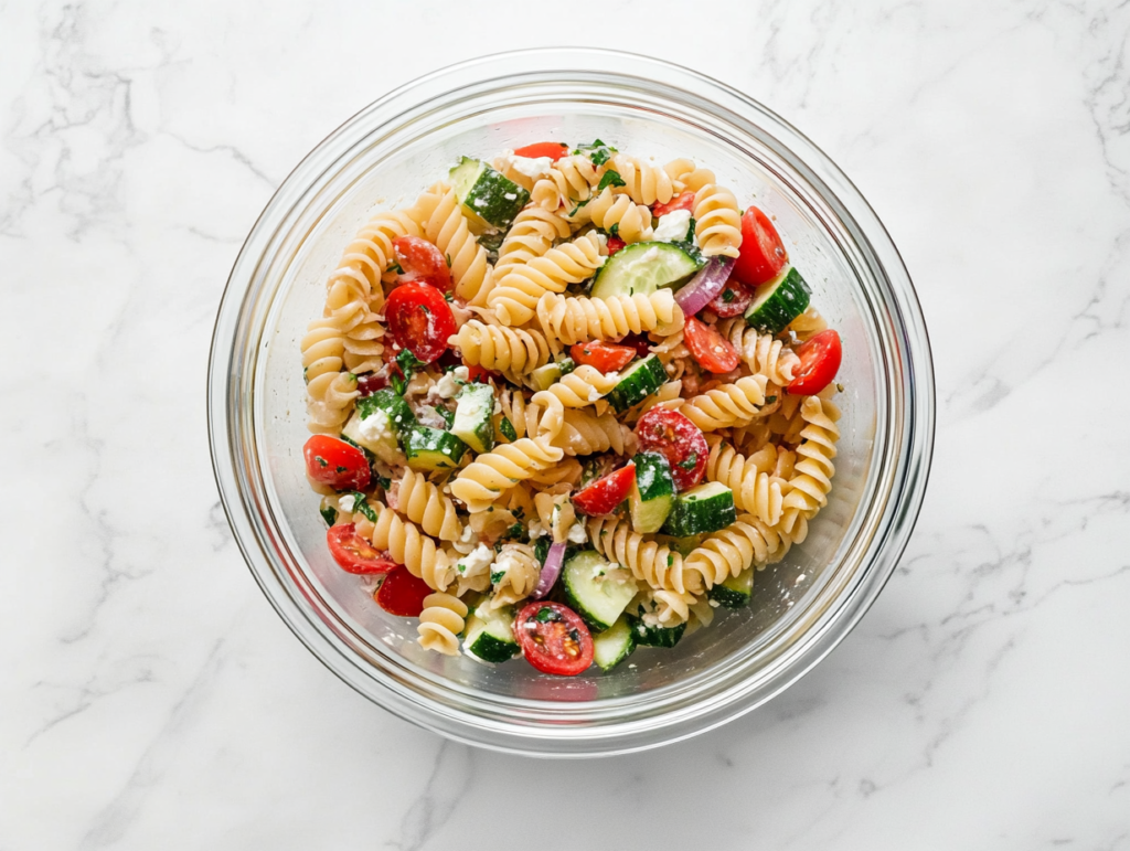This image shows a vibrant Greek pasta salad in a white ceramic bowl placed on a pristine white marble countertop, with colorful ingredients neatly mixed and no background clutter.