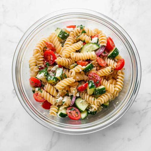 This image shows a vibrant Greek pasta salad in a white ceramic bowl placed on a pristine white marble countertop, with colorful ingredients neatly mixed and no background clutter.