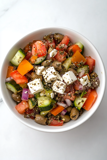 greek-salad-topped-with-feta-and-oregano-on-white-marble