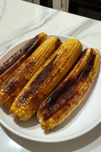 This image shows a glass bowl filled with bright corn kernels, next to a plate of empty cobs on a clean white marble surface.