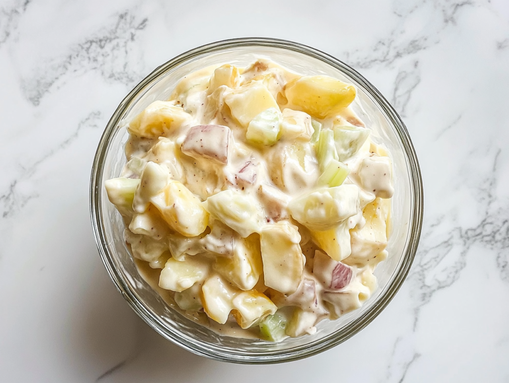 This image shows a clear glass bowl filled with creamy Hellmann’s potato salad, placed on a white marble countertop with no background clutter.