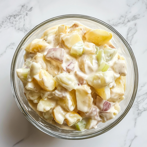 This image shows a clear glass bowl filled with creamy Hellmann’s potato salad, placed on a white marble countertop with no background clutter.