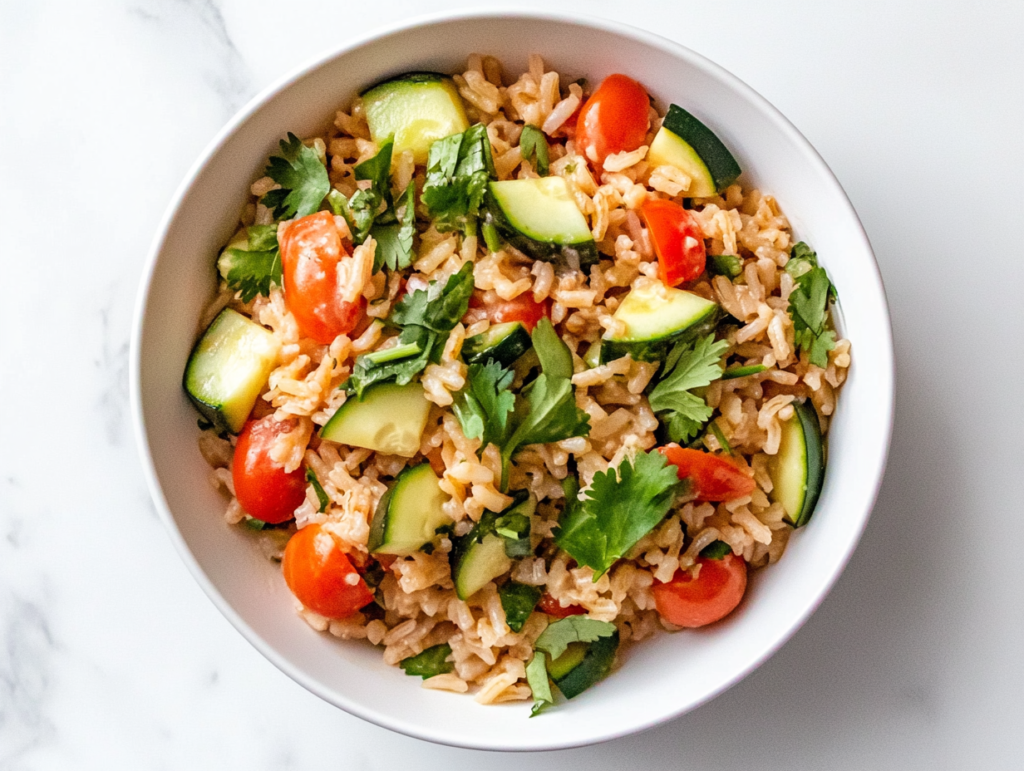 This image shows a top-down view of the completed Hollywood Bowl Brown Rice Salad served in a white ceramic bowl on a clean white marble countertop.