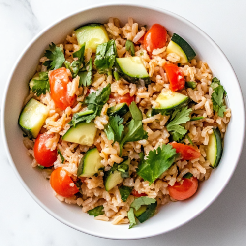 This image shows a top-down view of the completed Hollywood Bowl Brown Rice Salad served in a white ceramic bowl on a clean white marble countertop.