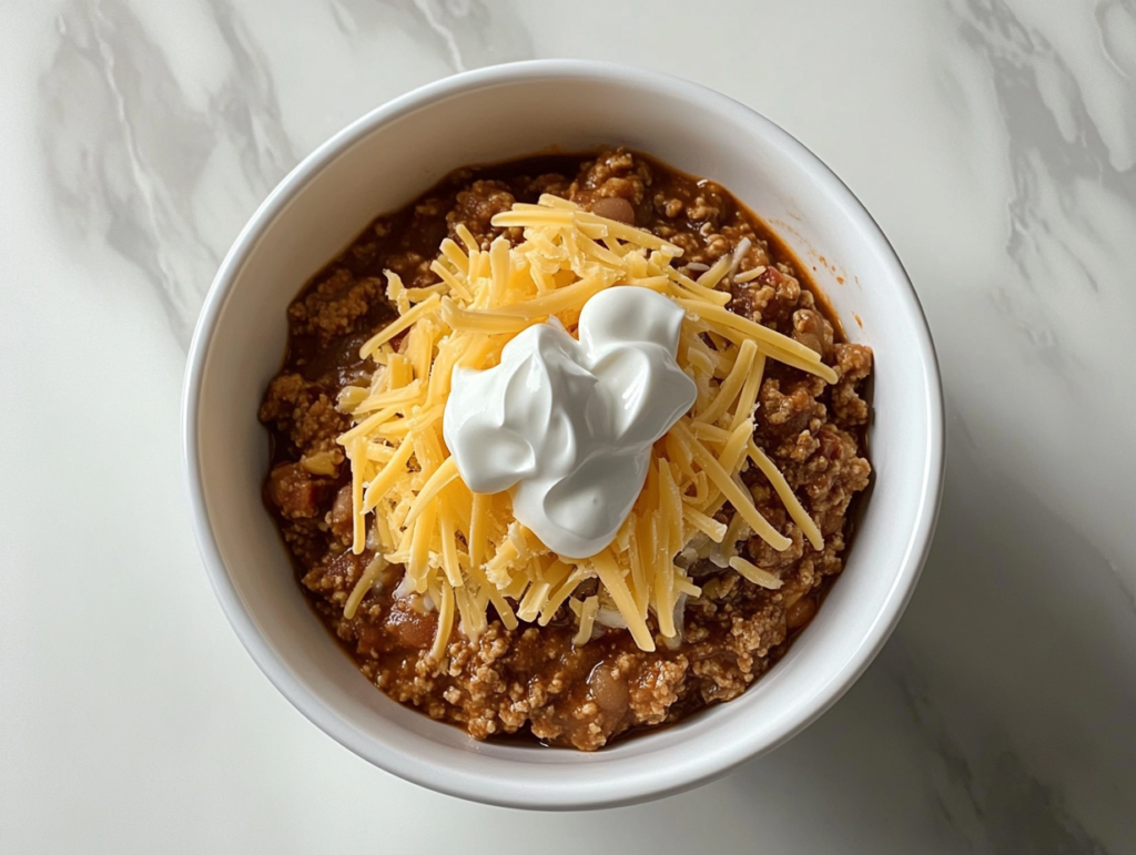 homemade-chili-in-black-dutch-oven-on-white-marble-countertop