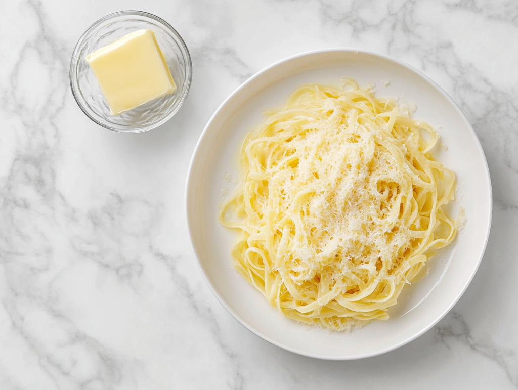 This image shows a clean, top-down shot of a plate of homemade egg noodles, lightly buttered and garnished with parmesan, presented over a white marble countertop.