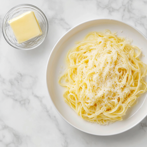 This image shows a clean, top-down shot of a plate of homemade egg noodles, lightly buttered and garnished with parmesan, presented over a white marble countertop.