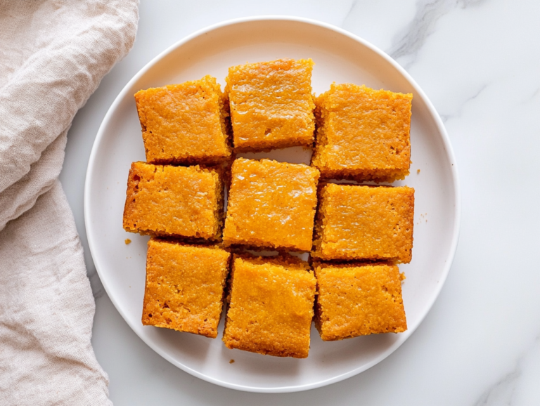 This image shows a golden, freshly baked honey butter sweet potato cornbread in a black cast iron skillet resting on a white marble countertop, with no extra ingredients or utensils around.
