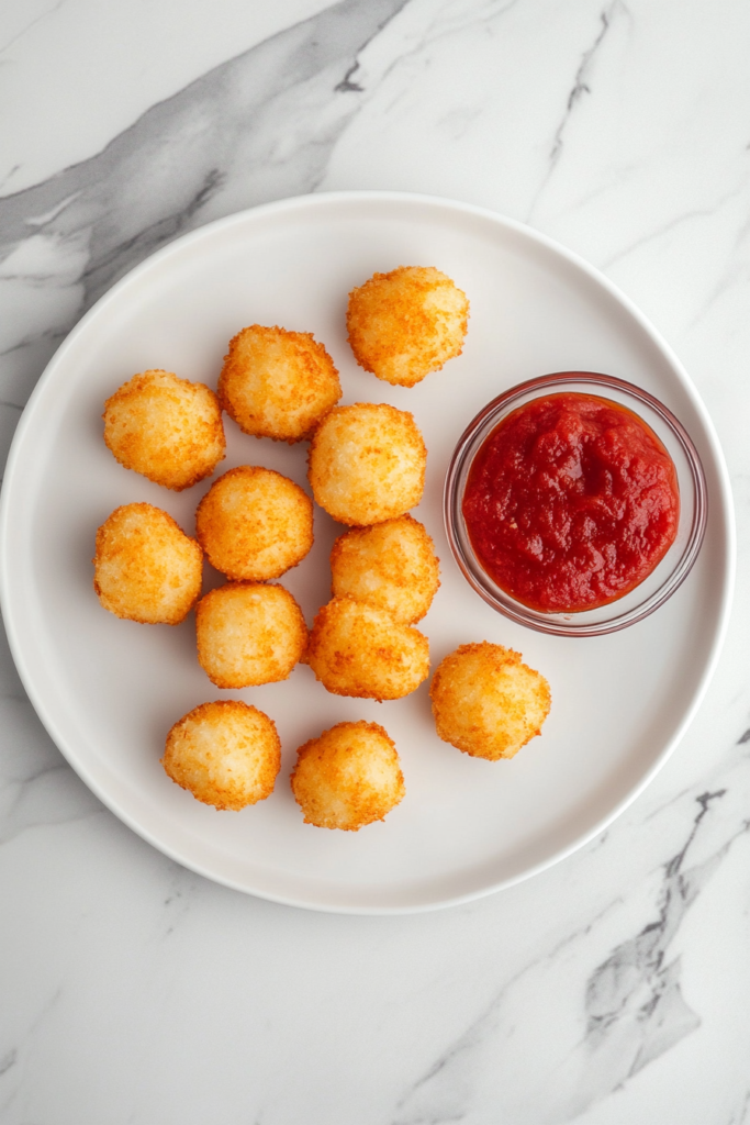 This image shows a plate of hot golden cheese bites served with a small bowl of pasta sauce on a white marble countertop.