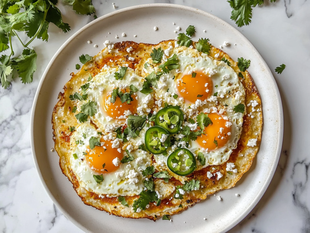 This image shows a beautifully plated Huevos Rancheros with a golden fried egg on top of refried beans and a tortilla, garnished with sliced avocado, fresh pico de gallo, jalapeños, cilantro, and Cotija cheese over a clean white marble countertop.