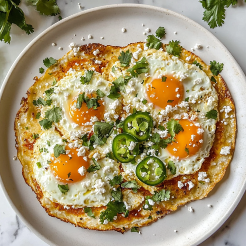 This image shows a beautifully plated Huevos Rancheros with a golden fried egg on top of refried beans and a tortilla, garnished with sliced avocado, fresh pico de gallo, jalapeños, cilantro, and Cotija cheese over a clean white marble countertop.