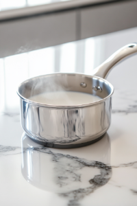 This image shows a clear glass mug filled with maple syrup, vanilla extract, turmeric, cinnamon, ginger, black pepper, and salt on a white marble surface.