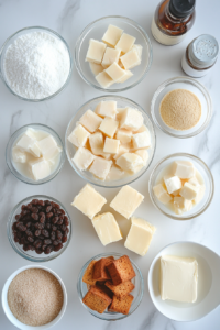 This image shows all the ingredients neatly arranged on a white marble cooktop, including cubed bread, raisins, melted butter, milk, sugar, cinnamon, eggs, and vanilla extract.