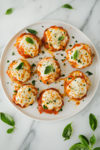 keto-chicken-parmesan-on-white-ceramic-plate-with-basil-garnish
