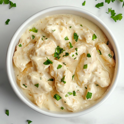 keto-crockpot-chicken-alfredo-served-in-ceramic-white-bowl-on-marble