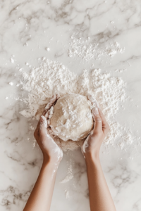 This image shows a dough ball being kneaded on a floured white marble surface, with no hands in the frame.