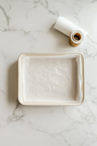 This image shows a parchment-lined 9x13-inch baking dish placed on a clean white marble cooktop, ready for the caramel mixture.