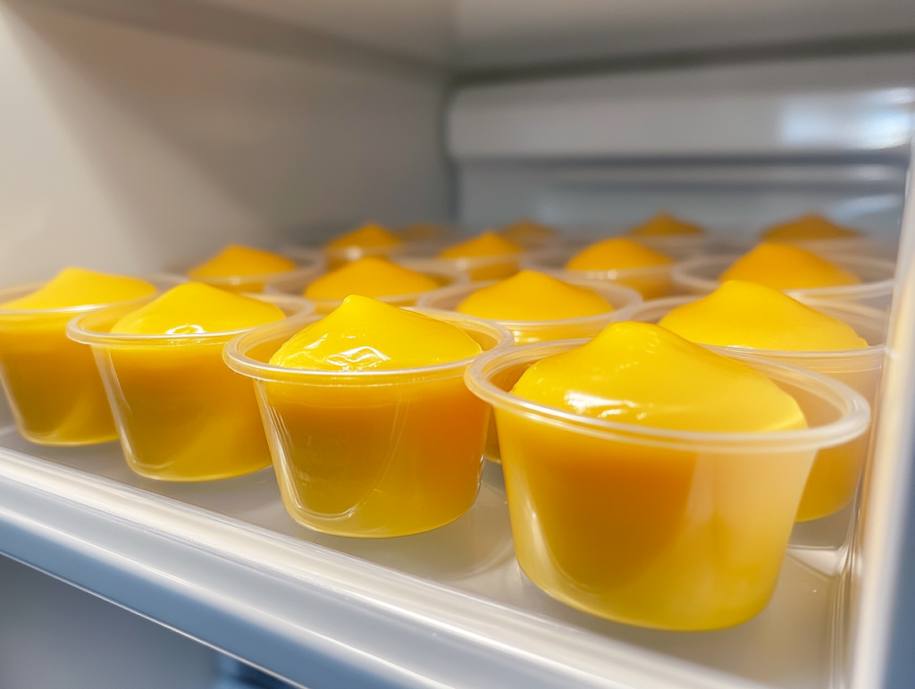 This image shows eight clear glass dessert cups filled with pale yellow mango pudding, neatly arranged on a white marble countertop with no background distractions.