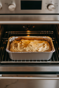 This image shows a shiny silver loaf pan filled with banana batter rising and baking inside a clean silver oven, with part of the white marble countertop visible outside, captured from a top-down angle.