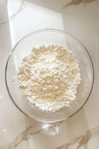 This image shows a glass bowl filled with flour inside a white microwave-safe dish on a clean white marble countertop, ready for heat treatment.