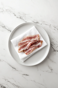 This image shows raw bacon strips placed between folded white paper towels on a microwave-safe white plate, sitting on a clean white marble cooktop.