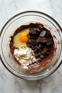 This image shows the chocolate-butter mixture being combined with the yolk-sugar mixture and sifted flour in a glass bowl over a white marble surface.