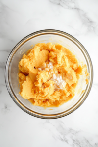 This image shows eggs, melted butter, and honey being added into a glass mixing bowl that already contains mashed sweet potato and dry ingredients, all sitting on a white marble surface.