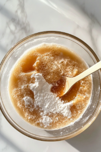 This image shows a glass bowl with flour, yeast, salt, water, milk, and honey with a wooden spoon inside on a marble surface.