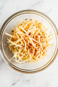 This image shows a clear glass mixing bowl on a white marble countertop containing shredded potatoes, paprika, rosemary, extra virgin olive oil, salt, and pepper, thoroughly mixed together.