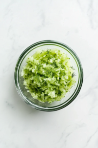 This image shows grated cucumber, Greek yogurt, garlic, lemon juice, and dill being mixed in a glass bowl for tzatziki sauce on a white marble countertop.