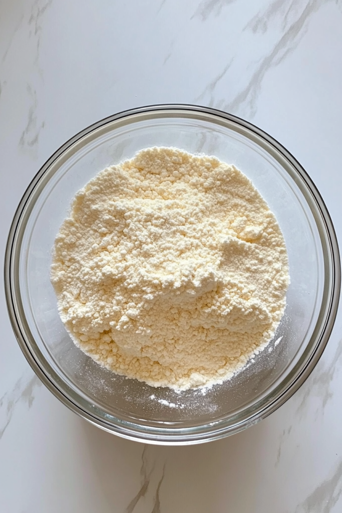 This image shows a large clear glass bowl on a white marble countertop filled with flour, granulated sugar, baking powder, and salt, all mixed together.