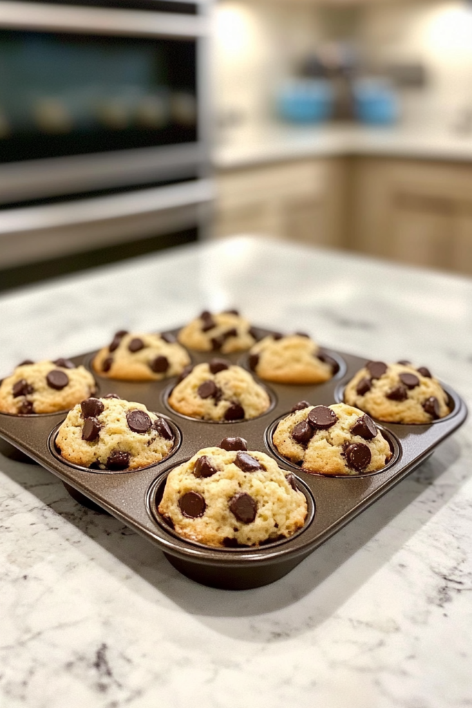 This image shows chocolate chip muffins baking in the oven, with the muffin tin resting on a white marble countertop before being placed inside.