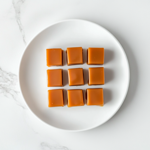 This image shows a top-down view of a parchment-lined 9x13-inch baking dish on a clean white marble countertop, ready for the caramel mixture.