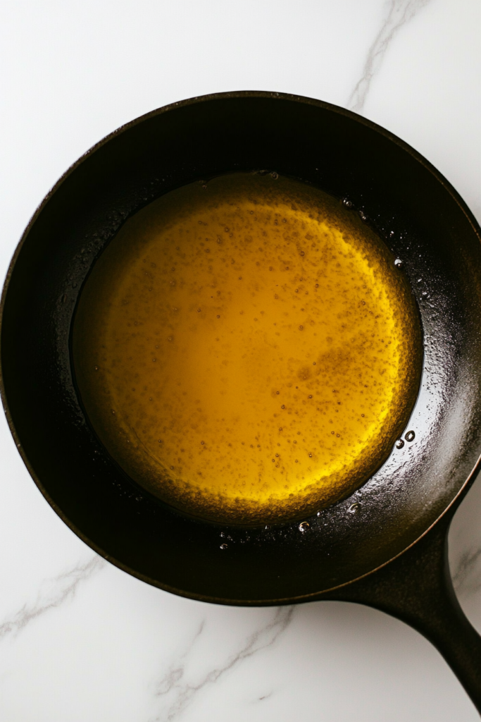 oil-heating-in-black-cast-iron-skillet-on-white-marble-countertop-8921136-683x1024