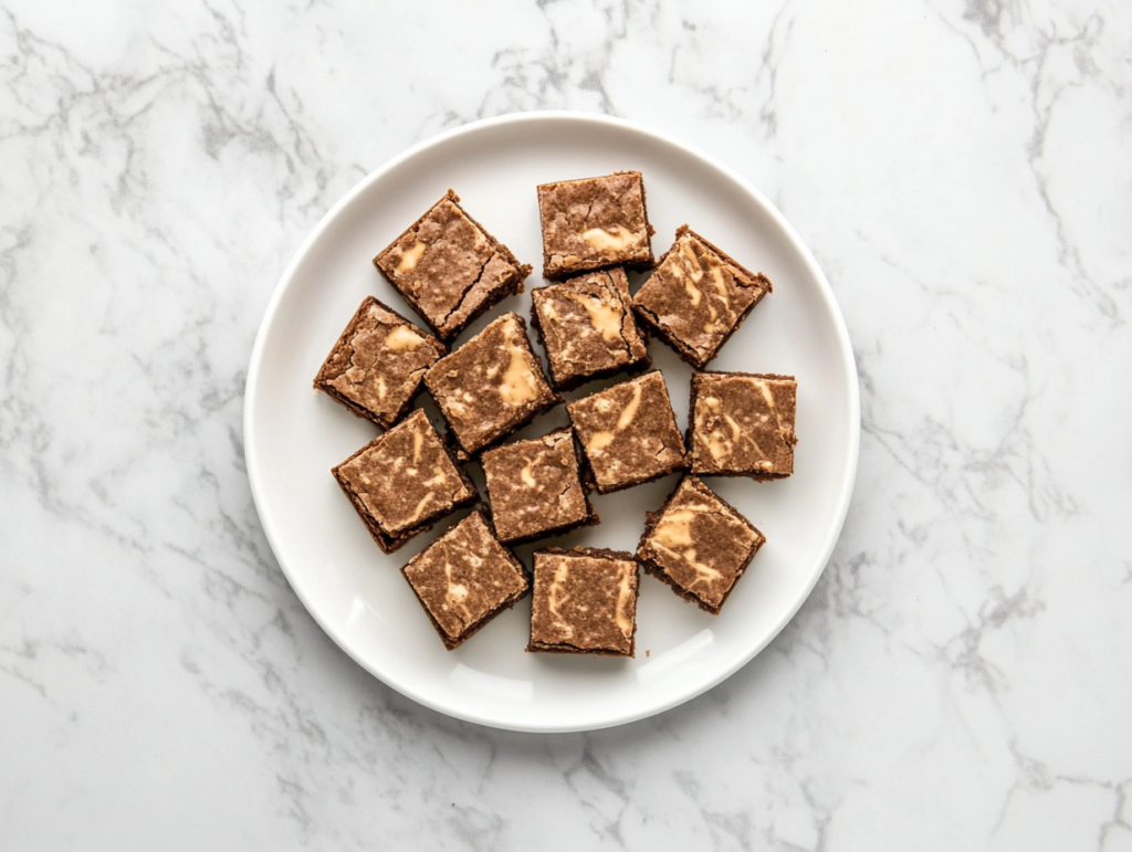 This image shows a top-down view of sliced peanut butter brownies in a glass baking dish placed over a clean white marble cooktop.