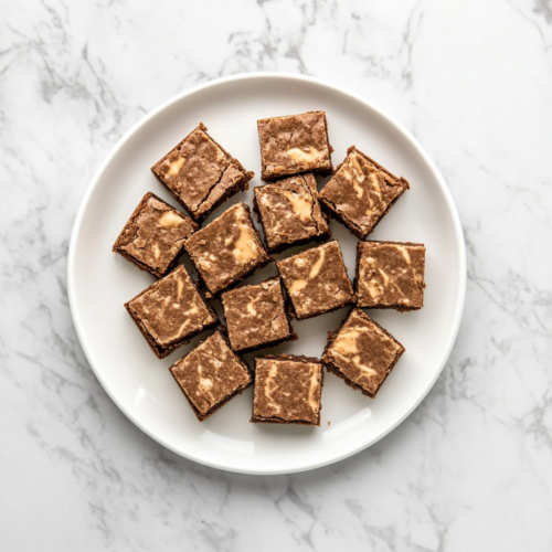 This image shows a top-down view of sliced peanut butter brownies in a glass baking dish placed over a clean white marble cooktop.