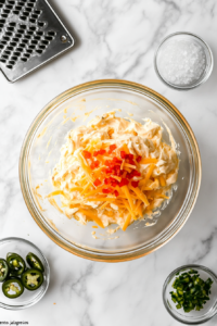 This image shows a glass bowl filled with pimento cheese mixture made of cheddar, mayo, pimentos, and jalapeños on a clean white marble surface.