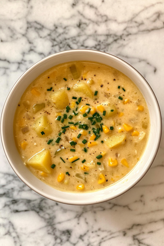 potato-corn-soup-served-in-plain-ceramic-white-bowl-on-marble