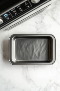 This image shows a preheated oven display at 350°F and a greased silver 9x5-inch loaf pan resting on a white marble countertop.