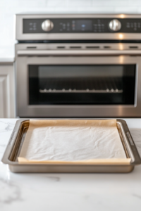 This image shows a baking tray lined with parchment paper, centered on a white marble cooktop, ready for batter.