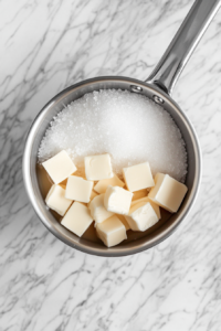 This image shows sugar, cubed butter, light corn syrup, and salt melting together in a stainless steel saucepan on a white marble cooktop.