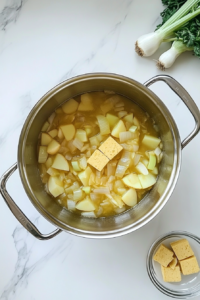 This image shows bouillon cubes added into the simmering potato and onion mixture in a stainless steel pot, with celery leaves removed, on a clean white marble countertop.