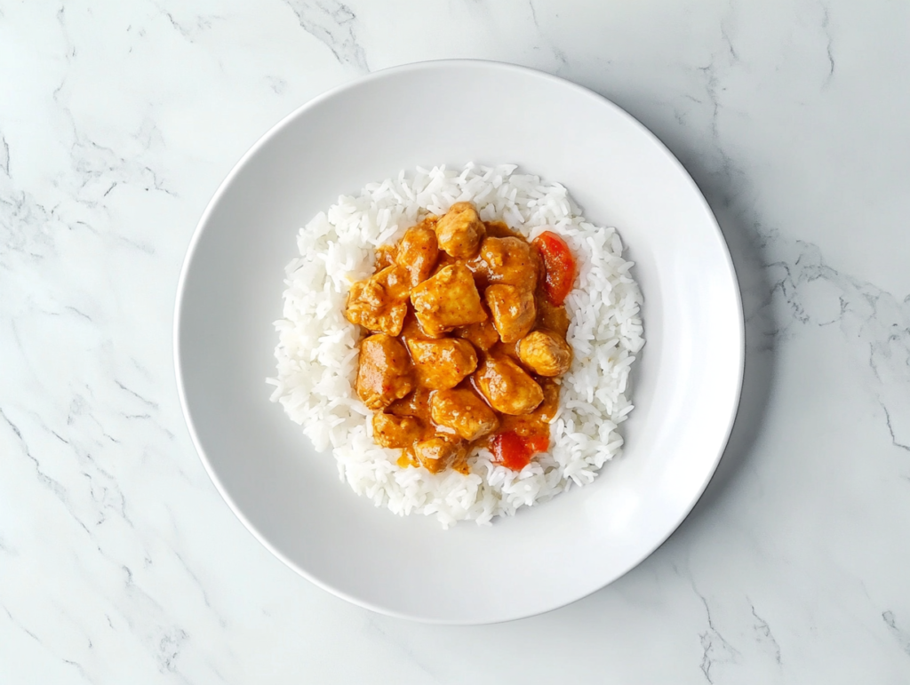 This image shows a bowl of rich, homemade chicken curry garnished with fresh cilantro, placed on a clean white marble surface.