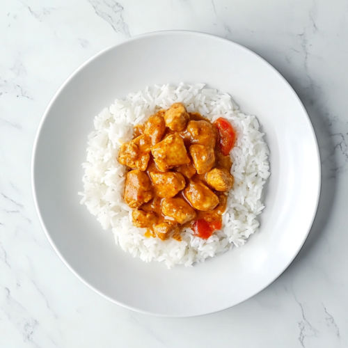This image shows a bowl of rich, homemade chicken curry garnished with fresh cilantro, placed on a clean white marble surface.